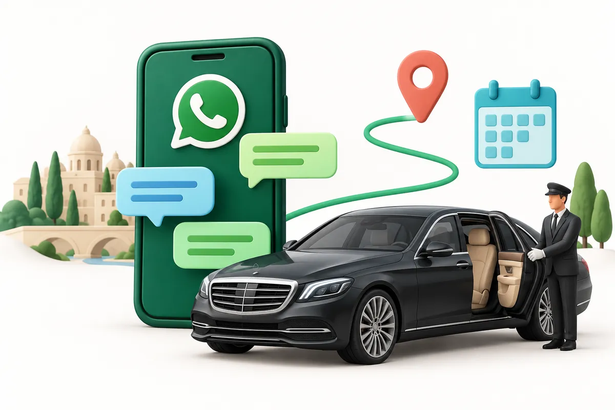 Illustrazione di una conversazione WhatsApp che accompagna l'organizzazione di un viaggio con autista